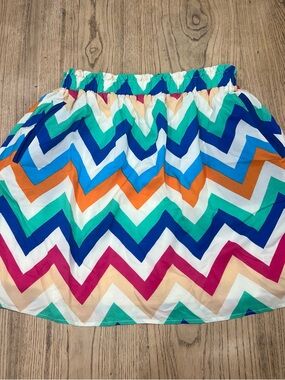 Annabella Chevron Mini Skirt in Teal, Navy, Orange & Pink with pockets